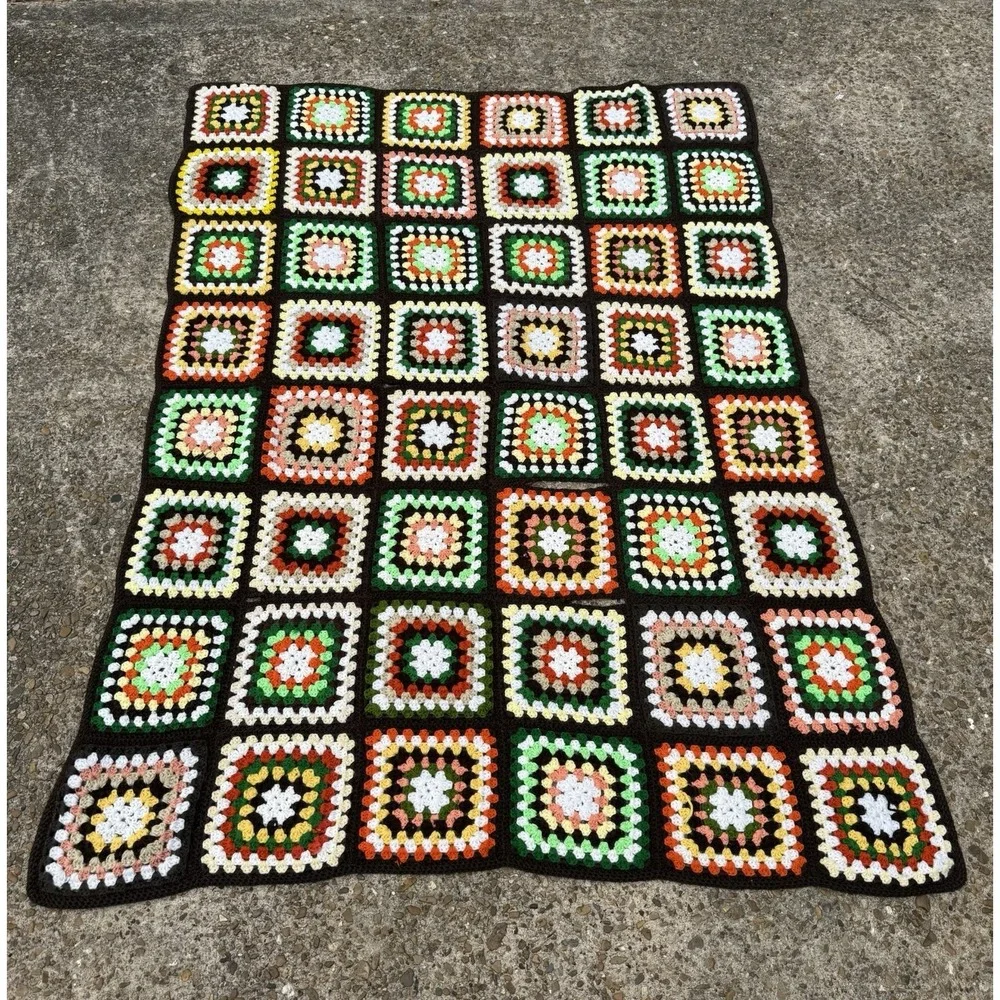 Grannycore Knit Vintage Handmade Square Crochet Throw Blanket